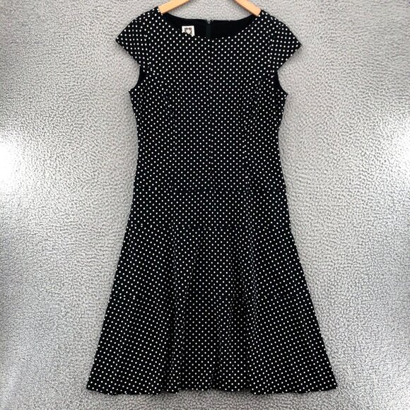 Anne Klein Dress Womens 6 Black Polka Dot Fit & Flare Knee Cap Sleeves Stretch - Picture 1 of 10